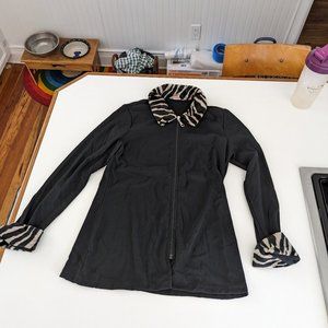 Women's Black Zip Long Sleeved with Zebra Print on Collar and Cuffs